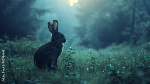 A rabbit gazes attentively under a luminous full moon surrounded by a starlit night sky.