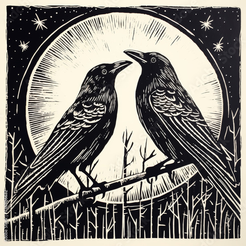 Two Crows under a Full Moon Linocut Print

