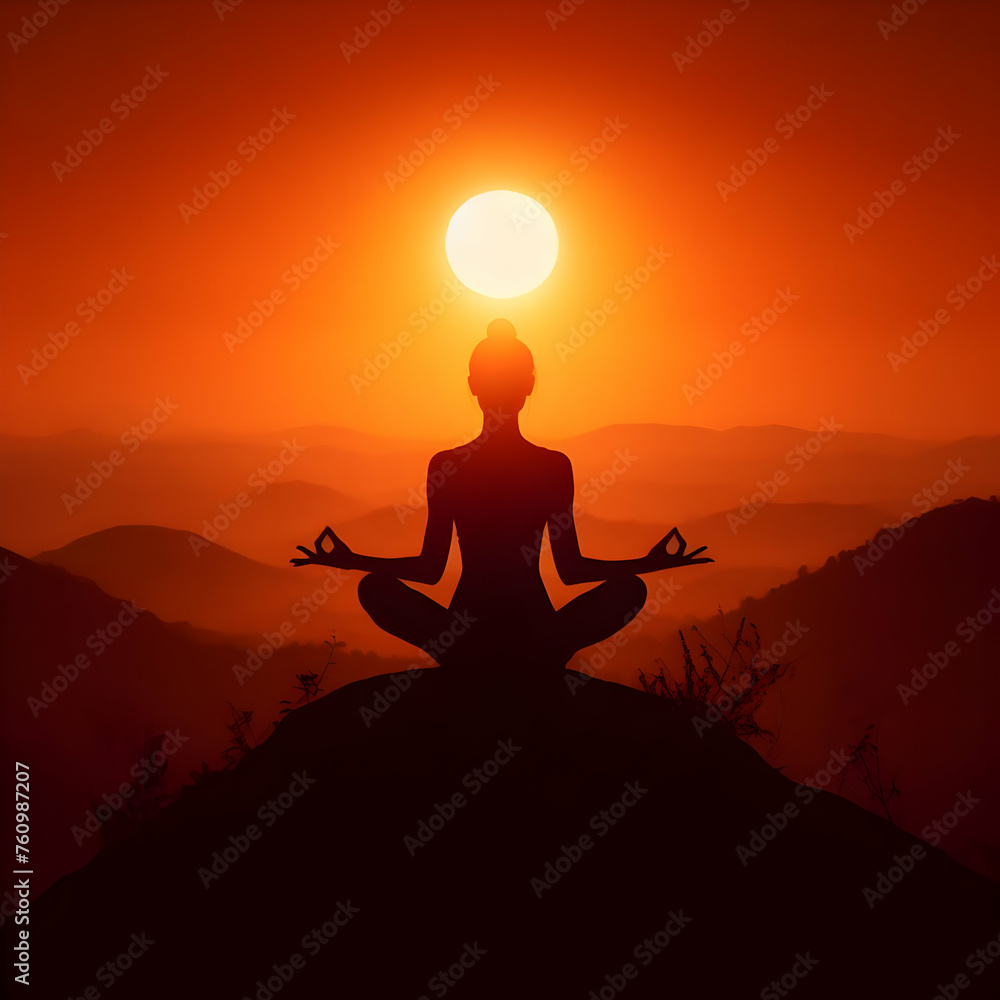 silhouette of a woman meditating  yoga, meditation, silhouette, woman, sunset, sun, meditating, body, exercise, relaxation, illustration, pose, vector, nature, lotus, health, people, Ai generated 