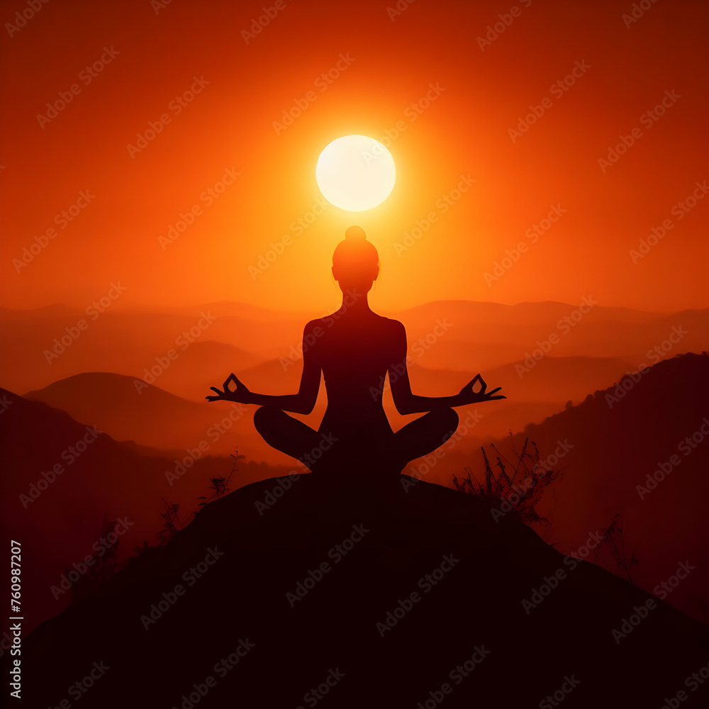 © Quranmeri - silhouette of a woman meditating  yoga, meditation, silhouette, woman, sunset, sun, meditating, body, exercise, relaxation, illustration, pose, vector, nature, lotus, health, people, Ai generated