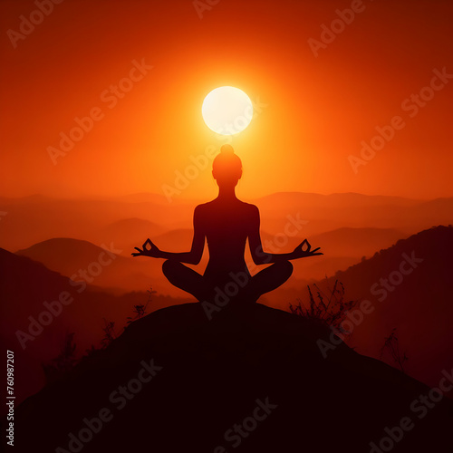 silhouette of a woman meditating yoga, meditation, silhouette, woman, sunset, sun, meditating, body, exercise, relaxation, illustration, pose, vector, nature, lotus, health, people, Ai generated 