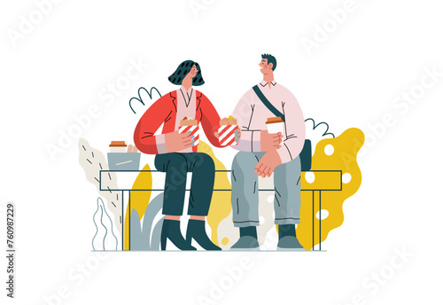 Mutual Support: Share food -modern flat vector concept illustration of woman offering half of her lunch to colleague in the park. A metaphor of voluntary, collaborative exchanges of resource, services