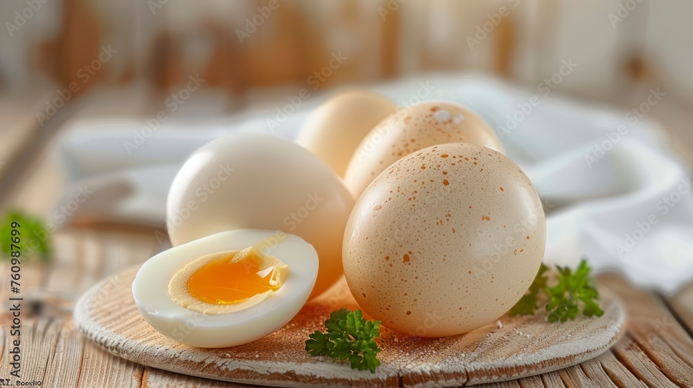 Serving Boiled Eggs on a Wooden Table Serving Boiled Eggs on a Wooden Table