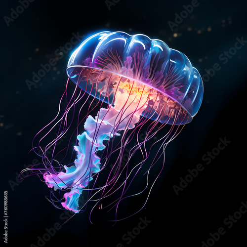 Bioluminescent jellyfish floating in space. 