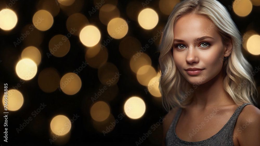 Portrait of a blonde woman in silver sleeveless top against bokeh light background Portrait of a blonde woman in silver sleeveless top against bokeh light background