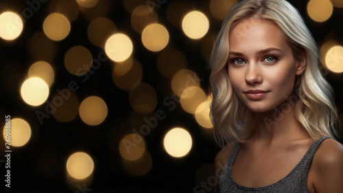 Portrait of a blonde woman in silver sleeveless top against bokeh light background