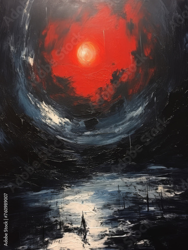 Ethereal Red Sun Over Icy Landscape Abstract Painting  