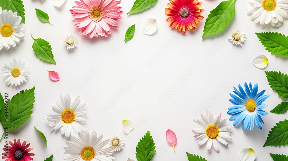 A bright and cheerful frame created with colorful daisy flowers and green leaves on a clean white background.