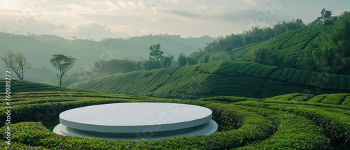 A circular white podium is elegantly placed in the heart of rolling tea garden hills