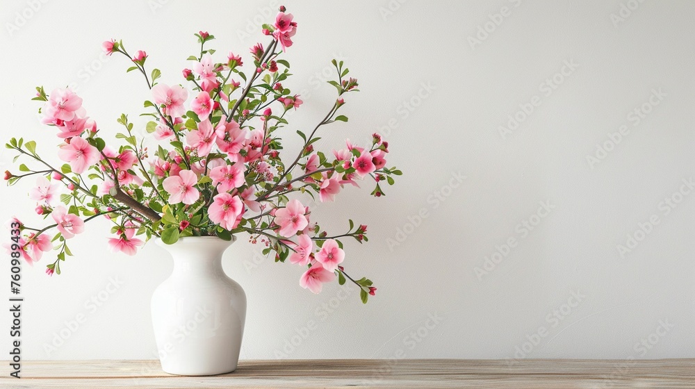 A fresh and cheerful display of white spring flowers arranged in a classic white vase on a wooden table against a white background.