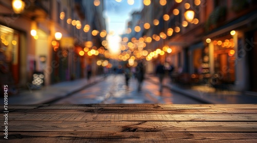 A high-quality wooden table set against the blurry backdrop of an inviting street scene with glowing lights at dusk.