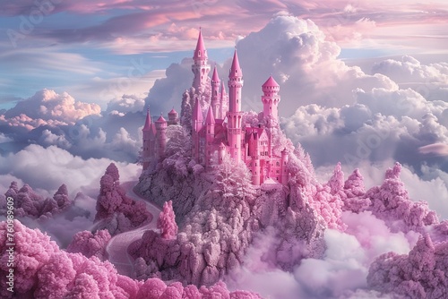 A majestic fantasy pink castle rising above a landscape of candy-covered mountains photo