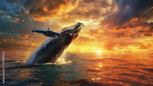 A Majestic humpback whale breaching with a stunning sunset backdrop over the serene ocean.