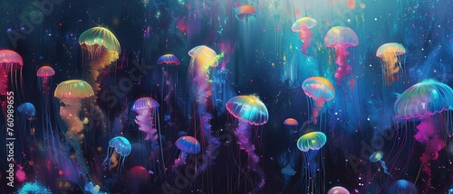 A mesmerizing iridescent of many jellyfishs gliding gracefully through the deep sea with a colorful glow.