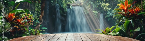 A natural wooden podium perfectly positioned to overlook a lush tropical waterfall oasis photo