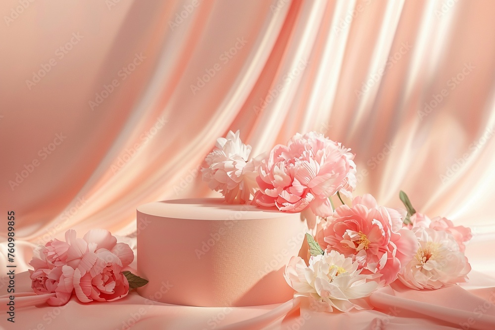 A soft pink podium elegantly draped with peony flowers A soft pink podium elegantly draped with peony flowers