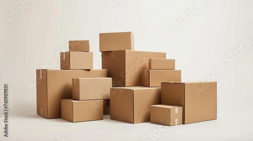 A Simple stack of various sized brown cardboard boxes isolated on a white background.