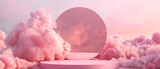 A whimsical scene with a circular pink display stand set against a backdrop of dreamy pink clouds and sky.