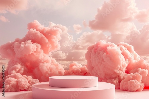 A whimsical scene with a circular pink display stand set against a backdrop of dreamy pink clouds and sky.