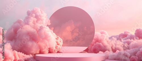 A whimsical scene with a circular pink display stand set against a backdrop of dreamy pink clouds and sky. © Creative_Bringer