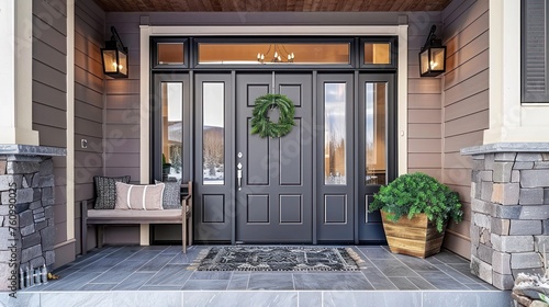 A Stunning Home Entryway Featuring a Gray Door Framed by Sidelights and Crowned with a Spacious Transom Window photo