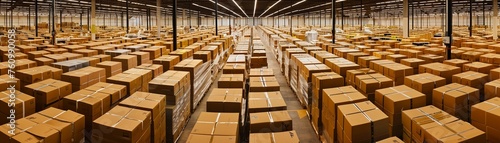 A Wide-angle view of a contemporary warehouse interior filled with rows of packed cardboard boxes.
