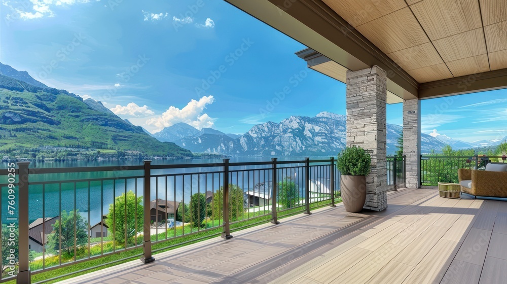 A Sunny Day's Panorama from a Balcony Featuring Homes, a Pristine Lake, and Majestic Mountain