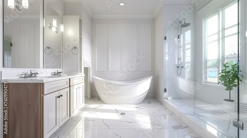 The Harmony Between Marble Flooring and a Narrow White Door in a Contemporary Bathroom