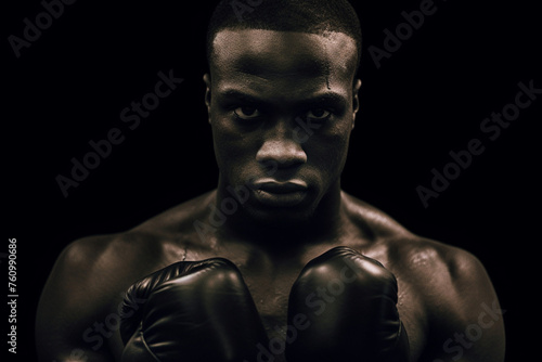 Portrait of a black boxing fighter. His eyes look intensely at the camera