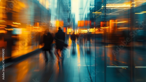 Dynamic Urban Life: Blurred Motion Of Busy Commuters, Vibrant Cityscape Reflections. Urban Hustle, Bustling Streets, City Lights, Energetic Atmosphere, Modern Lifestyle, Metropolitan Scene, Active