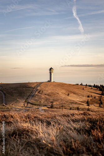 Winter Sunset View of Communications Tower, Black Forest, Feldberg, Germany