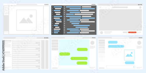 Set of windows program, UI design, Flat simple screen of website browser, coding display, email screen, chat box, Computer window user interface screen.