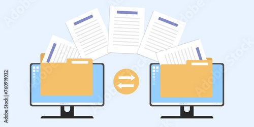 Documents file transfer from computer screen, Transfer data by monitor display, Sheet paper transfer across monitor screen, Flat design, Open folder icon vector illustration.