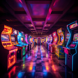 Retro arcade with colorful game cabinets. 