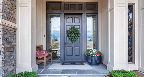 The Majestic Entryway of a Home Accented with a Gray Door, Sidelights, and a Vast Transom Window photo