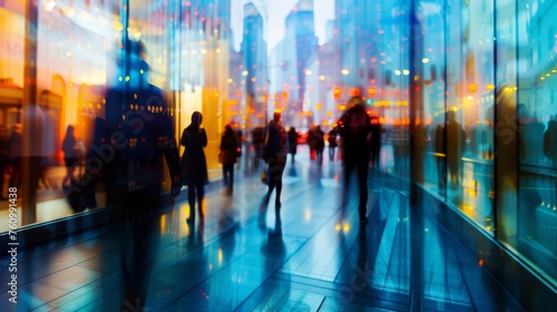 Dynamic Urban Life  Blurred Motion Of Busy Commuters  Vibrant Cityscape Reflections. Urban Hustle  Bustling Streets  City Lights  Energetic Atmosphere  Modern Lifestyle  Metropolitan Scene  Fast-Paced