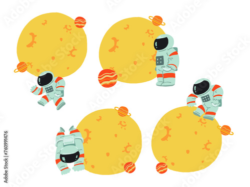 宇宙服を着た人と月と惑星のポップなフレームイラストセット	