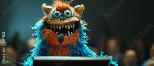 Monster delivering a keynote speech at a business conference