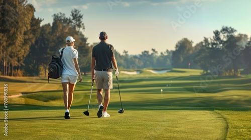 A Young Active Couple Bonds Over a Game of Golf, Walking Together to the Next Tee