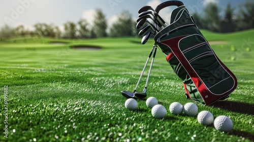 A Collection of Golf Clubs in a Golf Bag Paired with Golf Balls Against a Green Grass Background photo