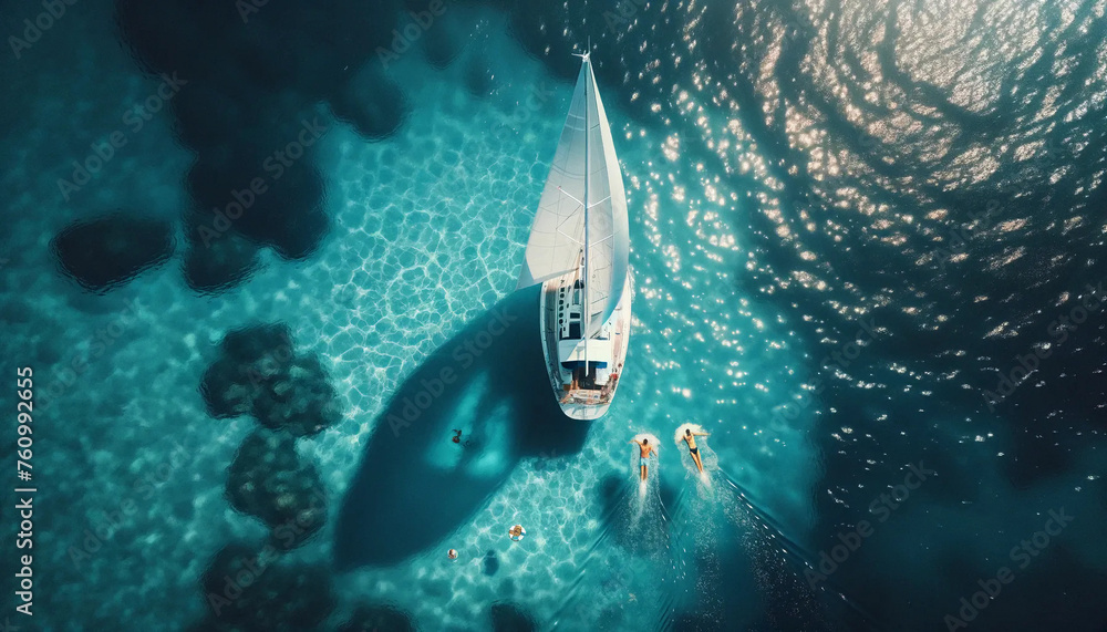 An aerial, zoomed-out perspective of a single sailboat navigating the azure waters of the ocean with two swimmers on vacation An aerial, zoomed-out perspective of a single sailboat navigating the azure waters of the ocean with two swimmers on vacation