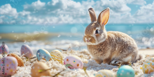 Easter Bunny with Easter eggs on the beach