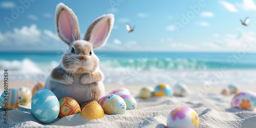 Beach Easter background with bunny and color eggs near ocean