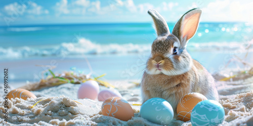 Beach Easter background with bunny and color eggs near ocean