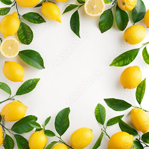 a frame of lemon and green leaves isolated on white background, composition, letter, postcard, stationary, advertising