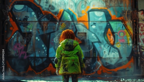 Child in Neon Green Observing Urban Graffiti Art