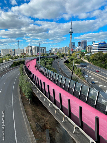 Auckland, New Zealand. The section of the Nelson Street Cycleway known as the Pink Path or Te Ara I Whiti (Lightpath), a repurposed motorway offramp.