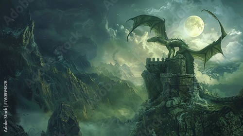 Majestic Dragon Guarding Castle Ruins under Moonlight