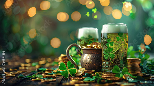 Mug of green beer  gold coins and clover leaves on the counter of an Irish pub on St. Patrick s Day