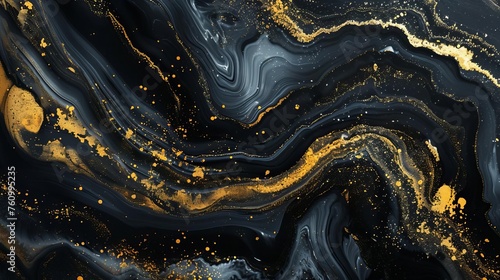 Abstract fluid art background with gold and black colors, luxurious marble texture, digital painting